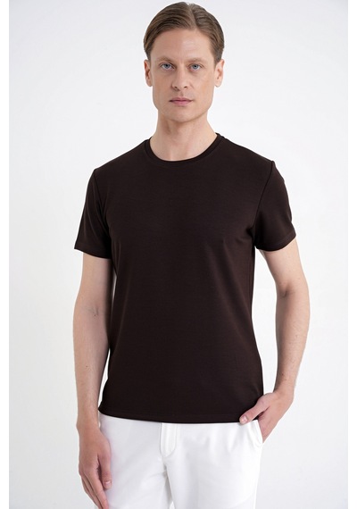 Efor Comfort Fit Bisiklet Yaka %97 Esnek Pamuklu Kahverengi Tişört Ts 885
