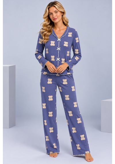 Pijamask Kadın Desenli Fiyonk Detaylı Düğmeli Uzun Kollu Müslin Pijama Takımı İndigo Mavi-8 Pijamask Kadın Desenli Fiyonk Detaylı Düğmeli Uzun Kollu Müslin Pijama Takımı İndigo Mavi-8