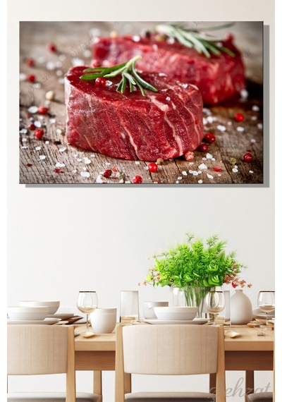 Yatay Tekli Kanvas Duvar Tablosu Modern Lokanta Kafe Restoran Mutfak Baharat Çiğ Biftek Et Steaks