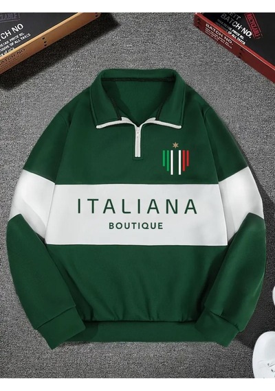 Altamira Unisex Yeşil Boutique Baskılı Oversize Parçalı Polo Yaka Fermuarlı Sweatshirt 001