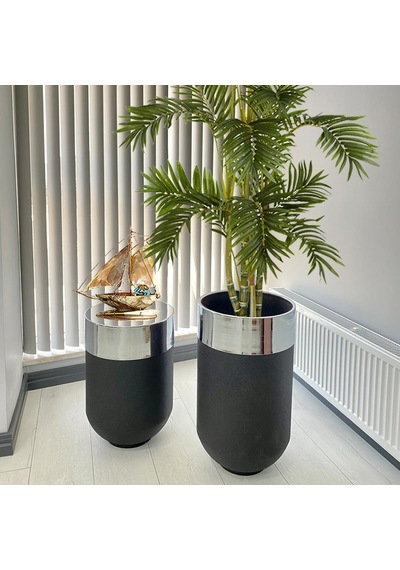Dekoratif Gümüş Darbuka Siyah Saksı 70 Cm+Sehpa 60 Cm (Ikili Set)