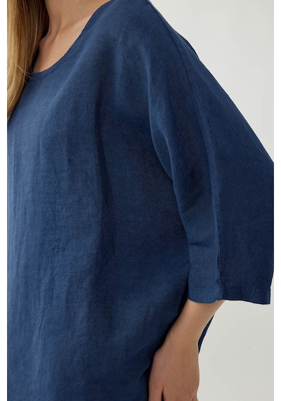 Vitrin %100 Keten Geniş Yaka Oversize Kısa Kol Bluz Lacivert