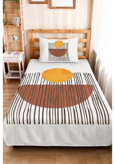 Geometrik Boho Hardal Genç Odası Tek Kişilik Pike Takımı - Kiremit Siyah 160x220 Cm Yatak Örtüsü Keten Bozkır Gölgesi