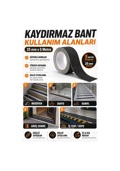 Kaydırmaz Bant 25 Mm X 5 Metre, Pütürlü Yüzeyli Güçlü Yapışkanlı Merdiven Banyo Rampa Zemin Güvenlik