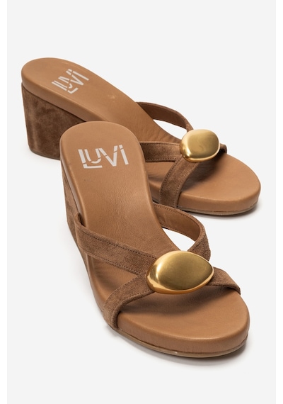 Luvi Shoes Caterına Toprak Süet Hakiki Deri Tokalı Kadın Dolgu Topuklu Terlik