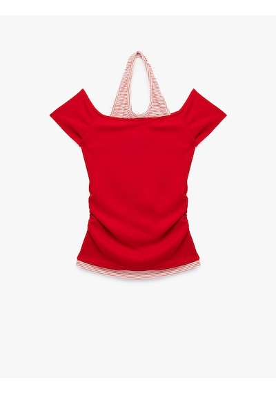 Koton Viskon Slim Fit Omzu Açık Kısa Kollu Halter Yaka Tişört Kırmızı 7wal10338ık