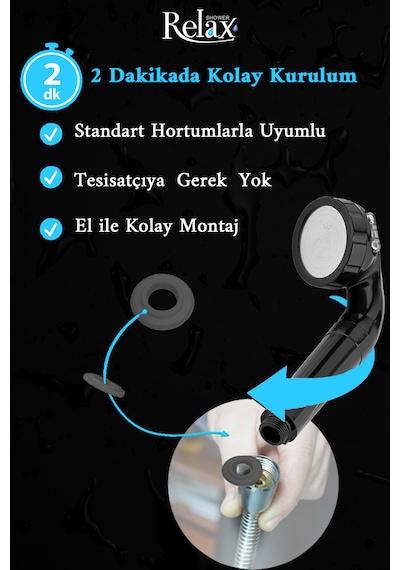 Relax Shower Filtreli Yüksek Basınçlı Tasarruflu Fonksiyonlu Tazyikli I Masaj Etkili Banyo Duş Başlığı Parlak Siyah