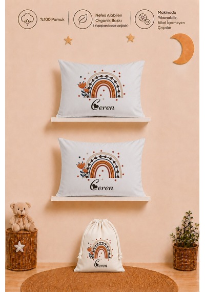 İsme Özel Kız Bebek Hediyesi 2 Adet 35x45 %100 Pamuk Yastık Kılıfı Ve Ham Bez Bebek Kıyafet Kesesi 1039y2kyx