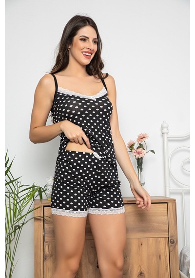 Myben Kadın Siyah Renkli Puantiyeli Dantel Detaylı Şortlu Ve Taytlı Pijama Takımı 3'lü Set 75004 Siyah