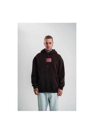 Erkek Nakışlı Kapüşonlu Oversize 3 İplik Pamuklu Sweatshirt Hoodie - Siyah Kahve