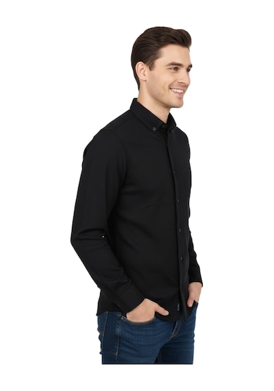 Rasstmen Erkek Spor Slim Fit Uzun Kol Petek Dokulu Gömlek Bgl-st04823 Siyah