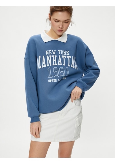 Koton Oversize Polo Yaka Sweatshirt Kolej Temalı Baskılı Uzun Kollu Mavi 4sal10278ık Mavi