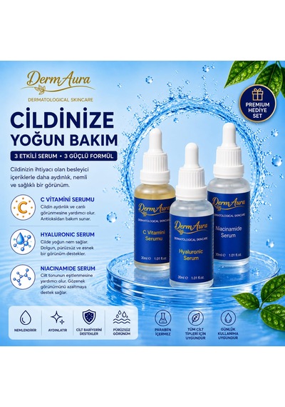 Dermaura 3 Lü Serum Bakım Seti C Vitamini + Hyaluronic + Niacinamide Serum
