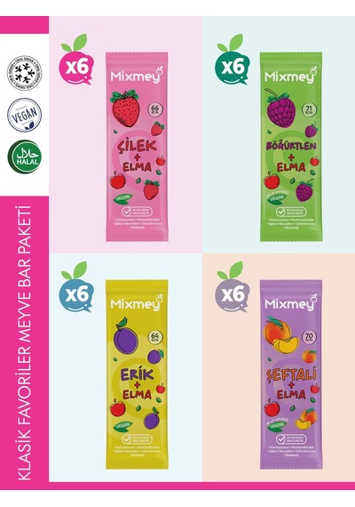 Mixmey Klasik Favoriler Meyve Bar Paketi 24 Adet | Atıştırmalık Vegan, Glutensiz (20GR X 24 ADET)