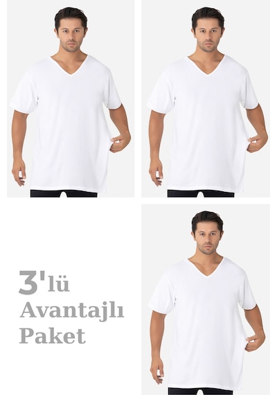 Arma Yıldız 3'lü Paket Beyaz Erkek V Yaka Kısa Kollu Büyük Beden Tişört %100 Pamuklu Penye