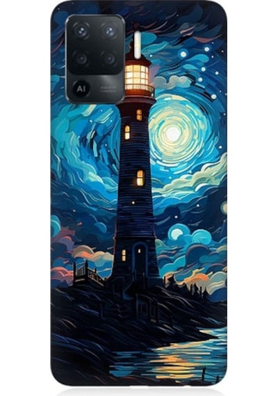 Oppo Reno 5 Lite Uyumlu Ay Işığında Yalnız Deniz Feneri Desenli Silikon Kılıf
