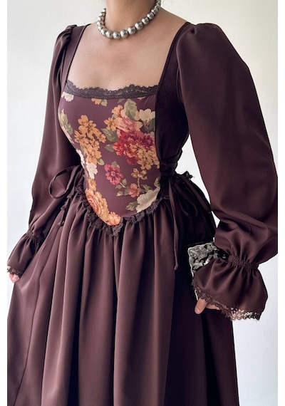 Nils Boutique Vintage Korsajlı Midi Elbise Kahverengi