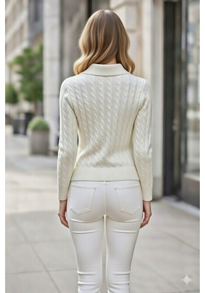 Youknitwear You Riviera %100 Pamuk Polo Yaka Kadın Kazak Beyaz