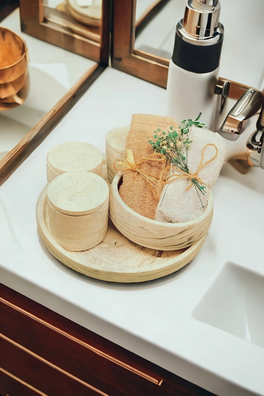 Marble Serisi Bej Havluluk Ve Organizerli Beton Banyo Seti Gri