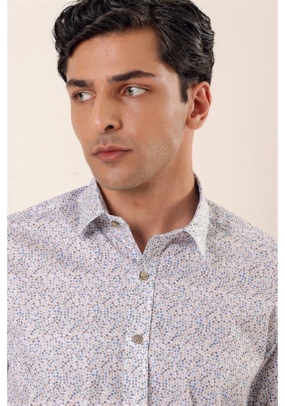 İmza Mavi Uzun Kollu Baskılı Sert Yaka Cepsiz Pamuklu Likralı Casual Slim Fit Gömlek 1004230135-mavi Mavi