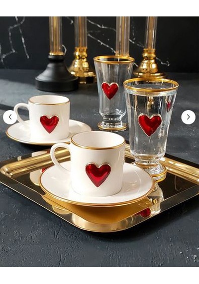 Regna Home Fine Living Love 2 Kişilik Dekorlu Kahve Yanı Su Bardaklı Kadehli 6 Parça Kahve Fincan Takımı Beyaz