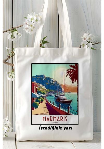 Art Hediye Marmaris Baskılı Bez Çanta Omuz Çantası Kişiye Özel Desen Çok Renkli