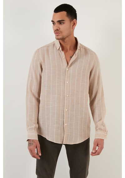 Buratti Pamuklu Çizgili Regular Fit Düğmeli Yaka Erkek Gömlek Cf21S112480 Taş-Beyaz