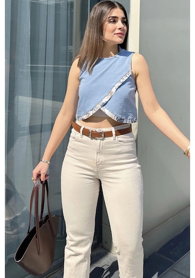 WeShaya Kadın Mavi Önü Çapraz Katlı, Kolsuz, Yuvarlak Yaka, Crop Kot Bluz Mavi