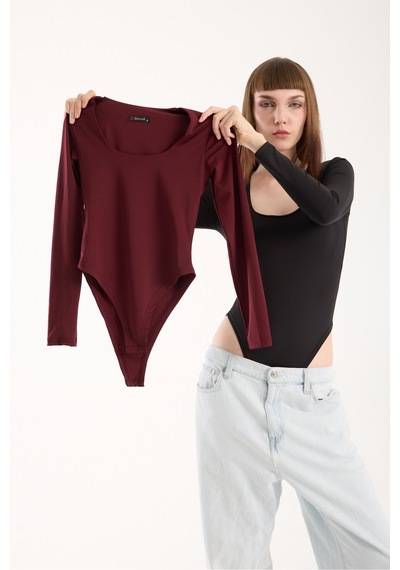 Gugus Kadın Kare Yaka Uzun Kollu Çıtçıtlı/zıbın Body Kırmızı