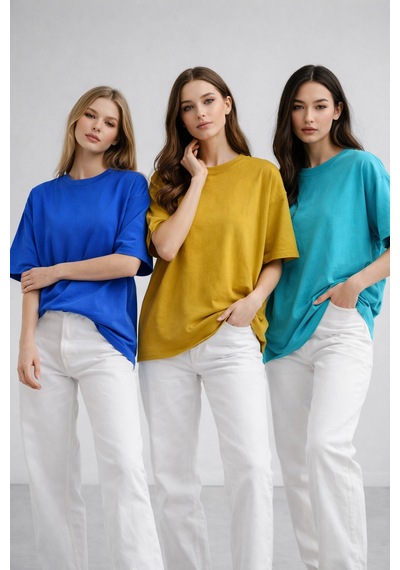 Kadın 3'lü Paket Hardal-turkuaz-saks Mavi %100 Pamuk Oversize Basic Tişört Bisiklet Yaka Relaxed T-shirt Beyaz-antrasit-lila