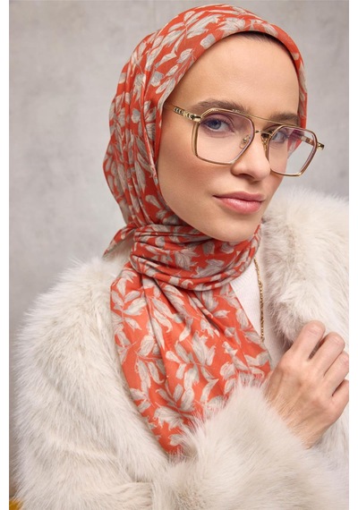 Silk Home Pamuk Polyester Soft Eşarp Turuncu Çiçek Desenli Kaymaz Dokulu Tok Duruşlu 90x90 Çok Renkli