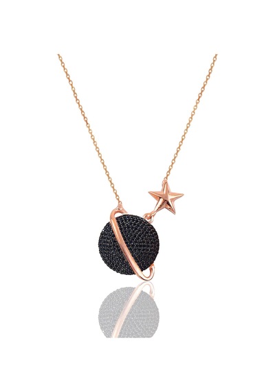 Gümüş Rose Siyah Onix Taşlı Satürn Gezegen Kolye Barcode Gümüş - Rose Gold