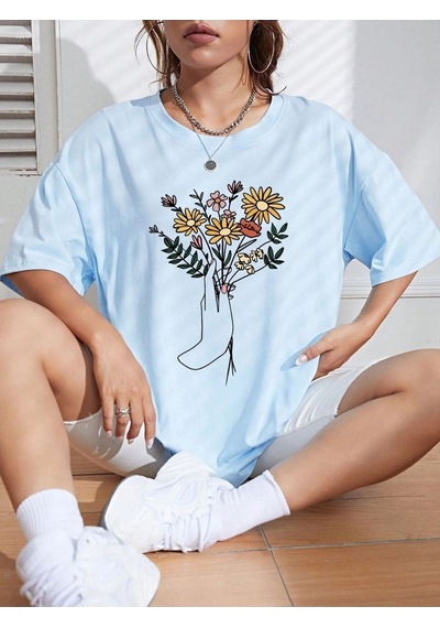 Çiçek Desenli T-shirt - Bebe Mavisi Oversize Baskılı Bisiklet Yaka Bebe Mavisi