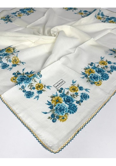 Eripek Oyalı Pamuk Yazma 6593 Krem-Mavi