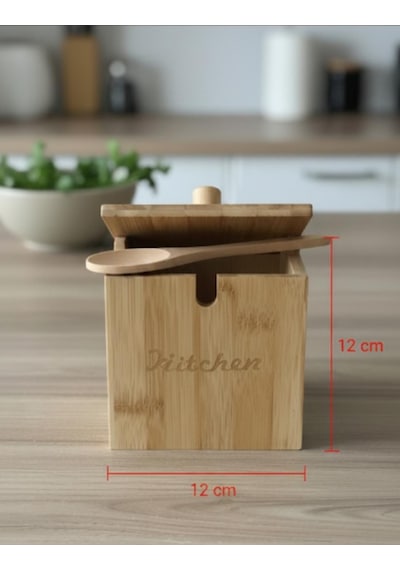 Kaşıklı Bambu Kapaklı Tuzluk Şekerlik - Dekoratif Mutfak Düzenleyici Tuz Kabı Baharatlık Kutusu 12cm Bambu