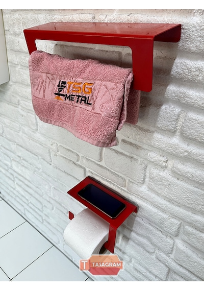Metal Kırmızı 2'li Set 30cm Havlu Askılığı Ve Tuvalet Kağıdı Askı