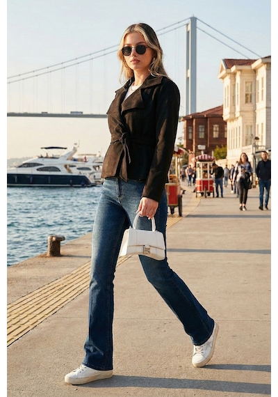 Lela Regular Fit Kruvaze Yaka Kuşaklı Süet Dokulu Bayan Ceket 6839640 Siyah