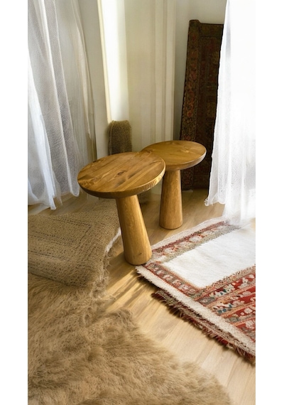 Wood Ahşap 2'li Set Konik Model Mantar Yan Sehpa Modern Meşe Renk
