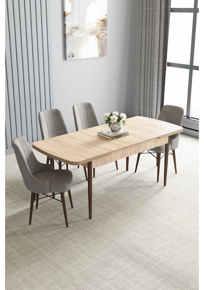 Zümra Serisi, Meşe Desen 80x132 Açılabilir Mdf Mutfak Masası Takımı 4 Adet Sandalye Gri