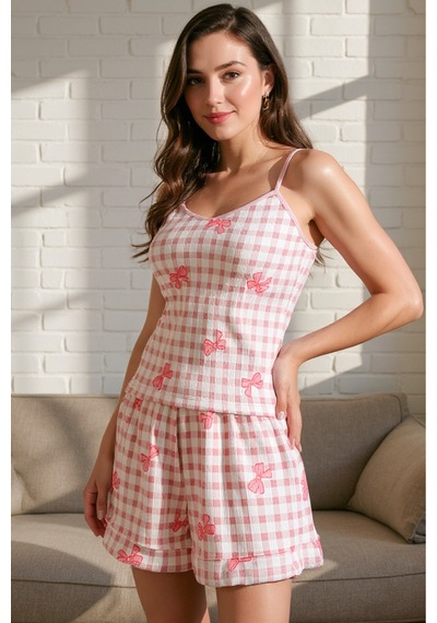Bella Notte Pembe Fiyonk Baskılı İp Askılı Pijama Takımı