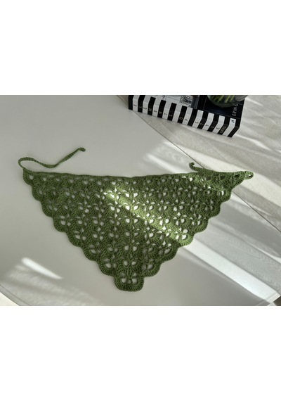Kadın El Örgüsü Üçgen Saç Bandana / Bel Aksesuarı Haki