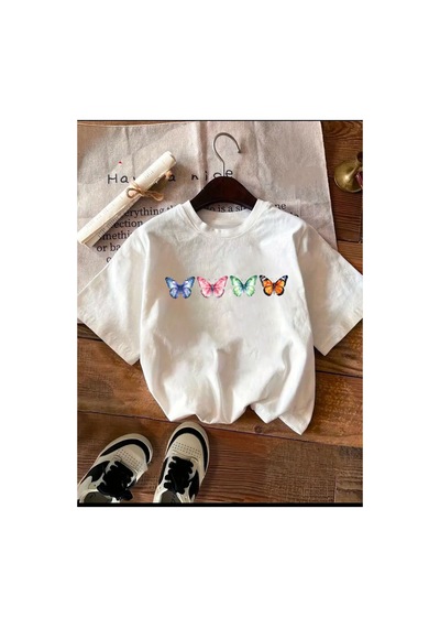 Medinenur Kelebek Baskılı Basic T-shirt Beyaz