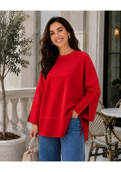 Unika Boutique Kadın Oversize Yırtmaçlı Uzun Kollu Salaş Bluz Kırmızı