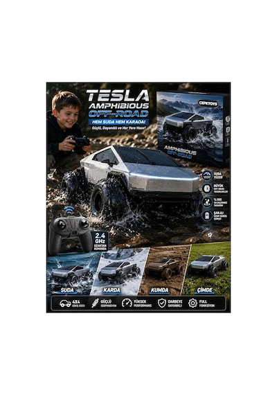 Uzaktan Kumandalı 4x4 Amfibi Tesla Cybertruck Rc Araba 27cm Kumandalı Tesla Gri - Gümüş