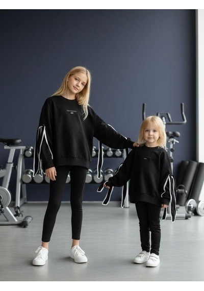 Kız Çocuk Kolları Fiyonklu Oversize Tasarım Sweatshirt-16468 Siyah