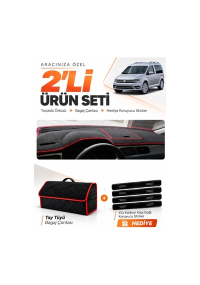 E-biz Volkswagen Caddy 2015-2021 Uyumlu Torpido Örtüsü + Tay Tüyü Çanta - Siyah-kırmızı - Vw003