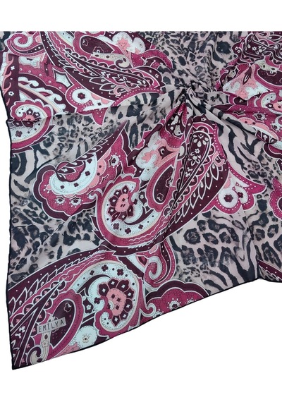 Mim Eşarp Emilya Fres Krep Leopar Desenli Eşarp 90x90 Cm Gri - Bordo