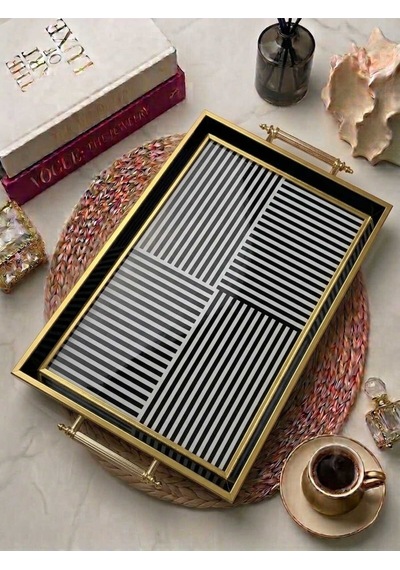 Şık Kahve Sunum Tepsisi - Siyah Beyaz Modern Desenli Gold Detaylı Tepsi