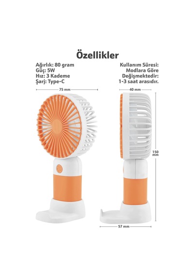 Standlı 3 Mod Şarjlı El Fanı 5 Kademe Seyahat Masaüstü Vantilatör Taşınabilir Mini Fan Turuncu F139