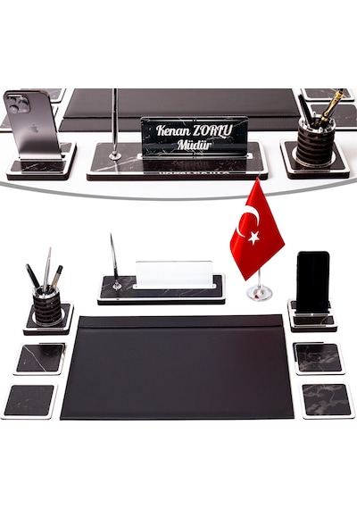 Star Bayraklı Mermer Desenli Ahşap Sümen Takımı Deri Sümen Seti Masa İsimliği - Gümüş